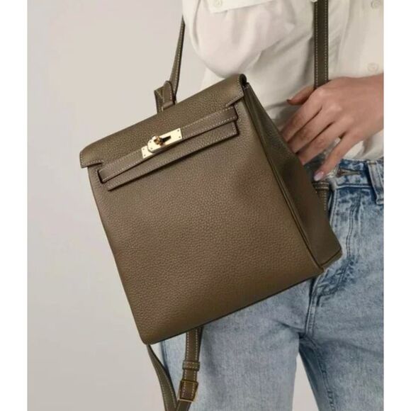 Taupe Leather Belt Buckle Kate Backpack - Picture 1 of 7